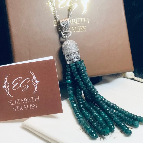 Genuine Emerald & Zircon Tassel Pendant Necklace - Picture 1 of 9